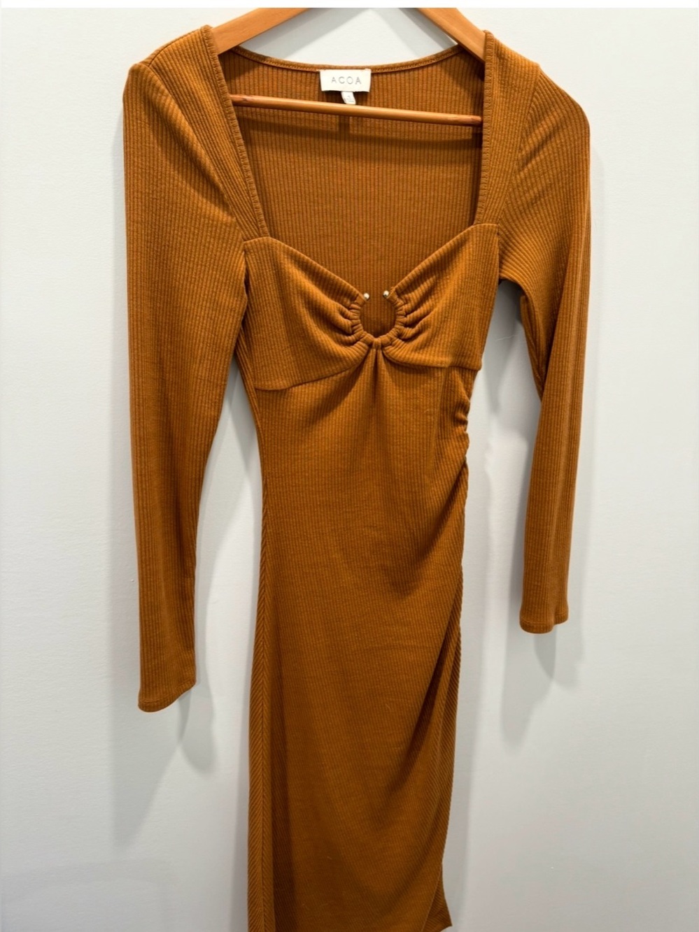 Acoa Long Sleeve Knot-Front Ribbed Midi Dress